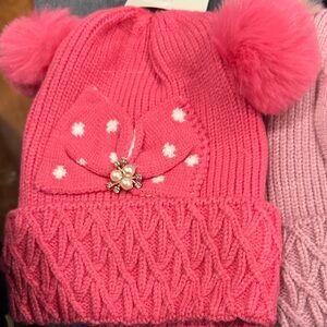 Adorable Pink and Purple Kids Pom-Pom Beanie Set
